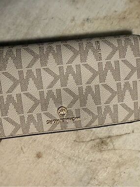 Michael Kors Beige Signature MK Continental Wallet with Gold Logo